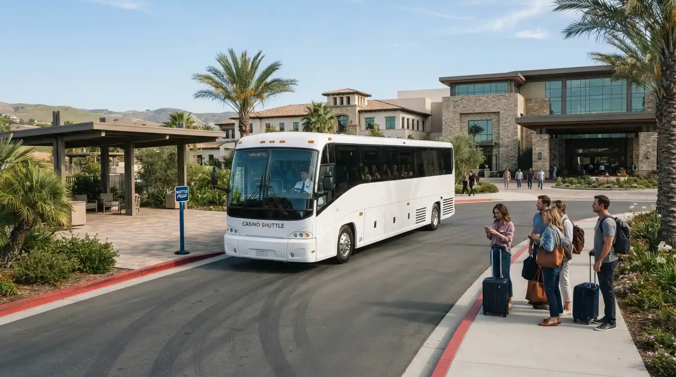 Casino shuttle bus arriving at a designated pickup area near San Diego