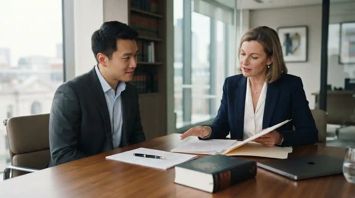 Attorney reviewing legal documents with a client in a modern law office