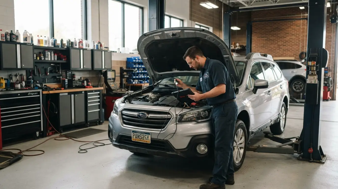 Automotive technician inspecting a passenger vehicle inside a professional repair shop