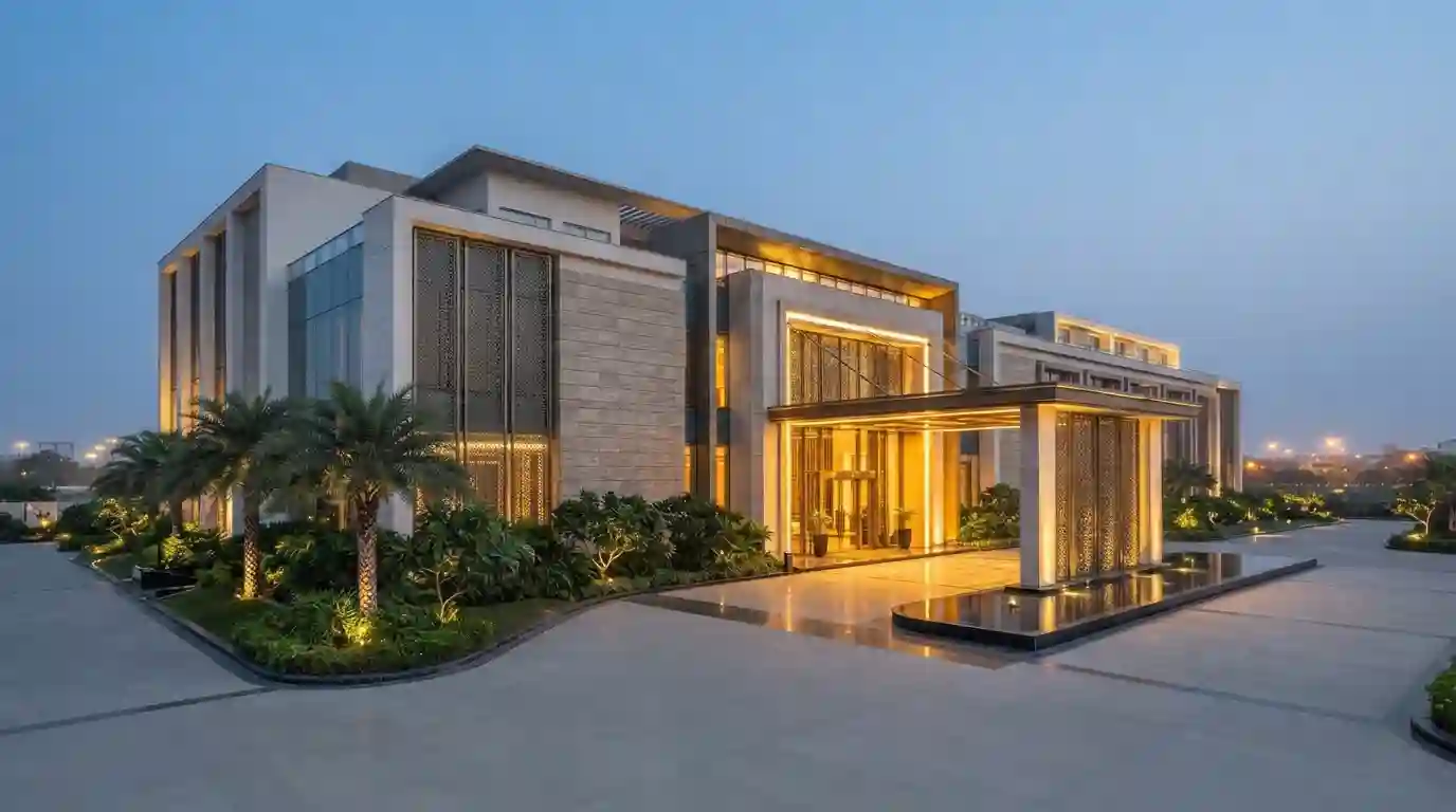 Elegant exterior of The Nikunj Hotels near Delhi Airport with landscaped surroundings and warm evening lighting