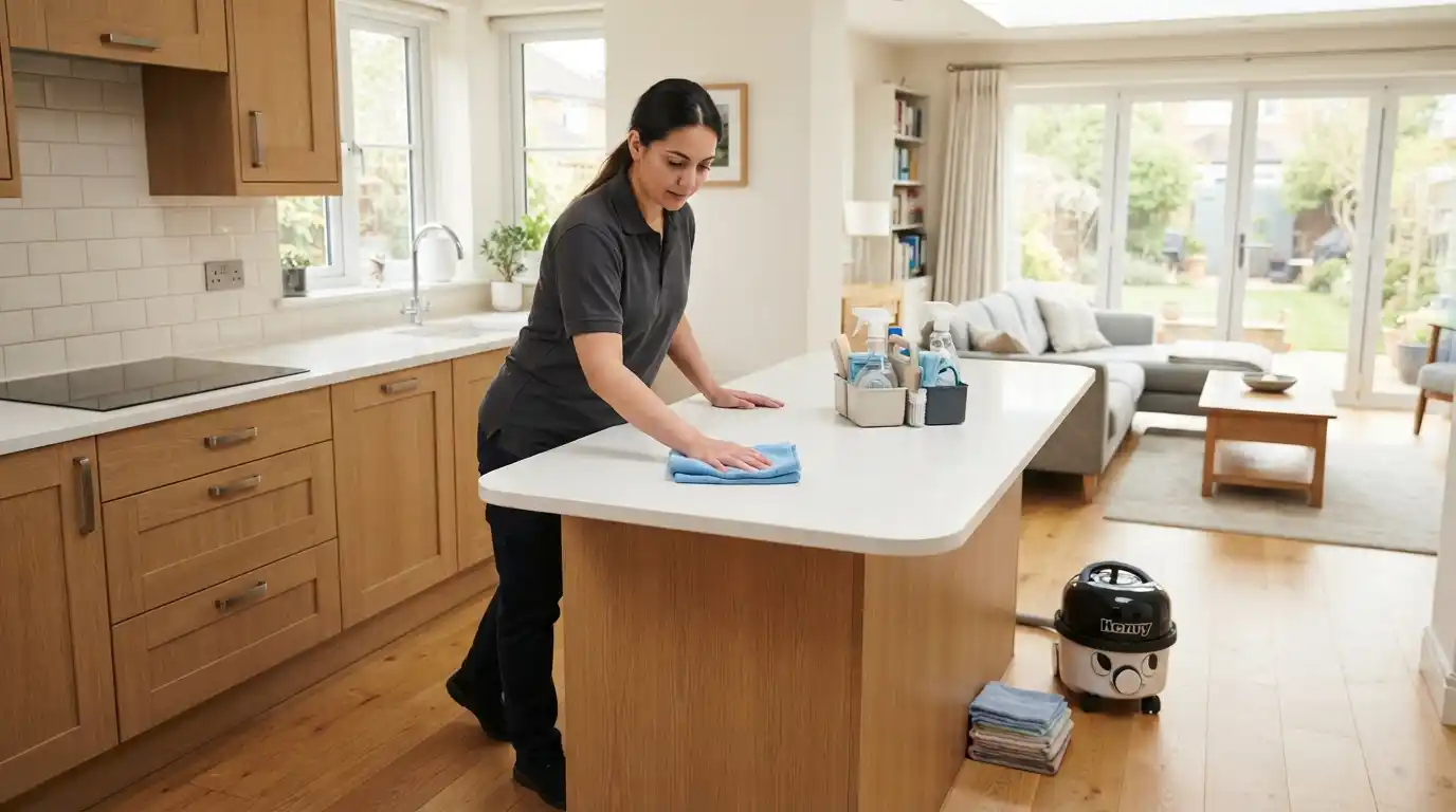Professional cleaner wiping a kitchen countertop in a bright Cambridge home