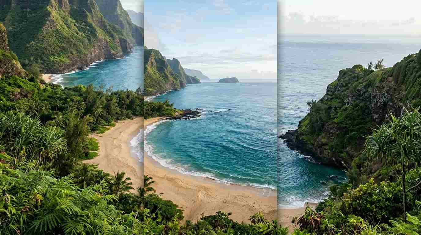 Turquoise ocean and sandy beach beneath green coastal cliffs with a clear blue sky.