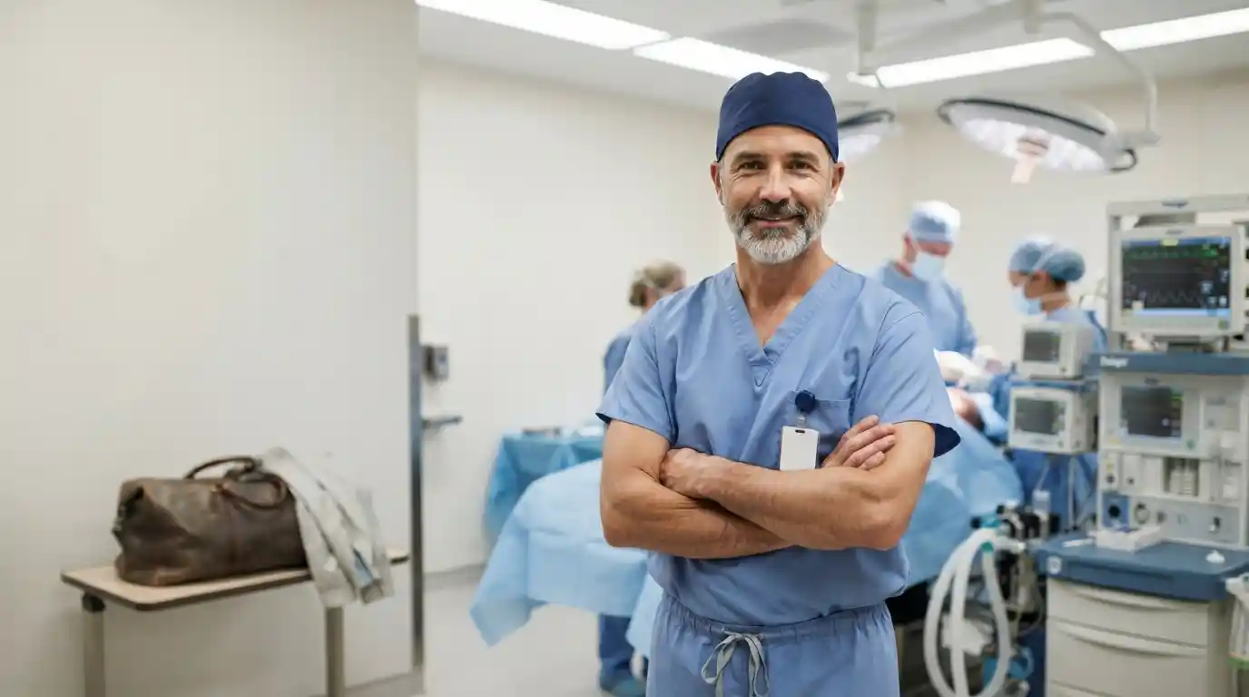 An anesthesiologist in blue surgical scrubs standing beside anesthesia equipment in a modern operating room.