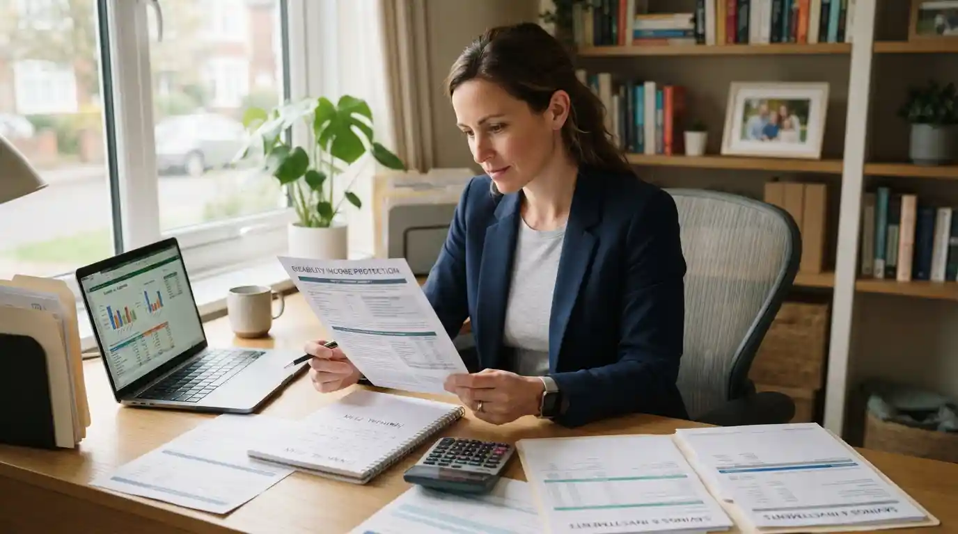 Professional reviewing disability insurance documents and a household financial plan at a home office desk.