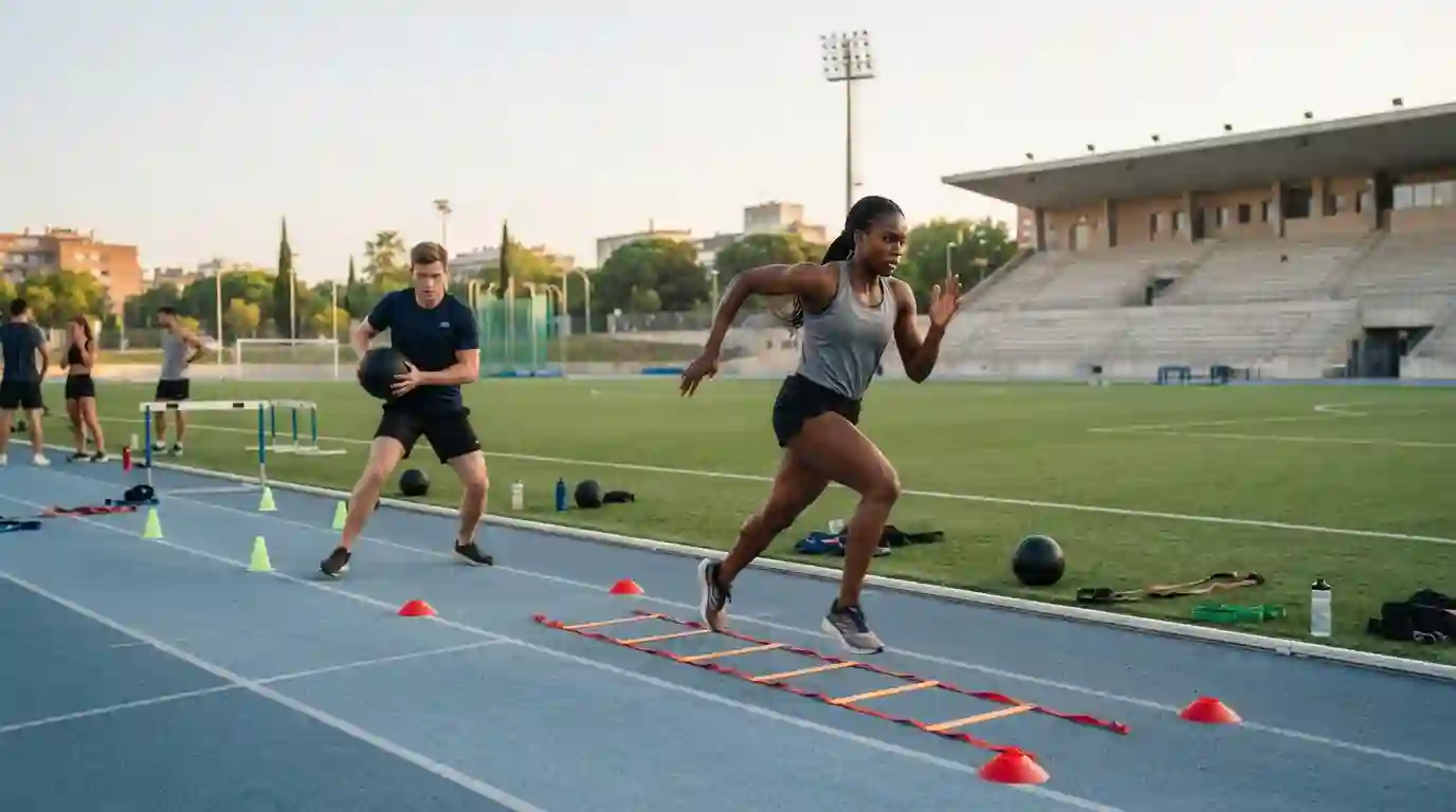 Athletes performing speed and agility training on an outdoor sports field