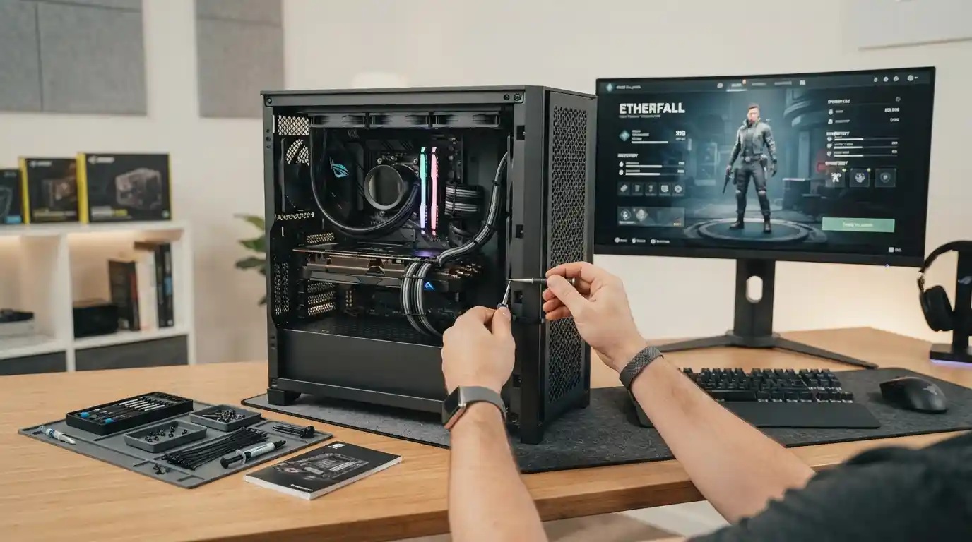 Modern gaming PC being prepared for a ZeroGameSole installation with organized components and cables