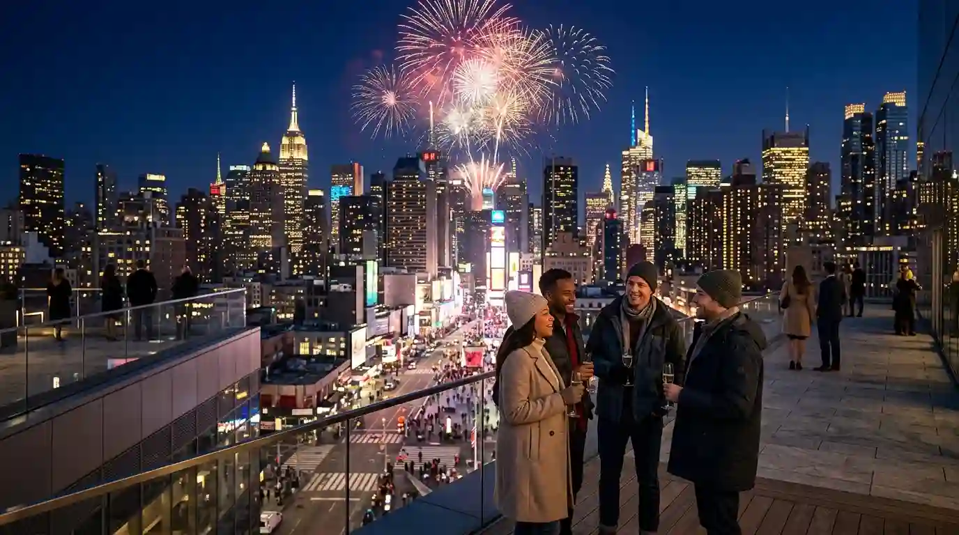 Travelers watching New Year's Eve fireworks above the illuminated New York City skyline.