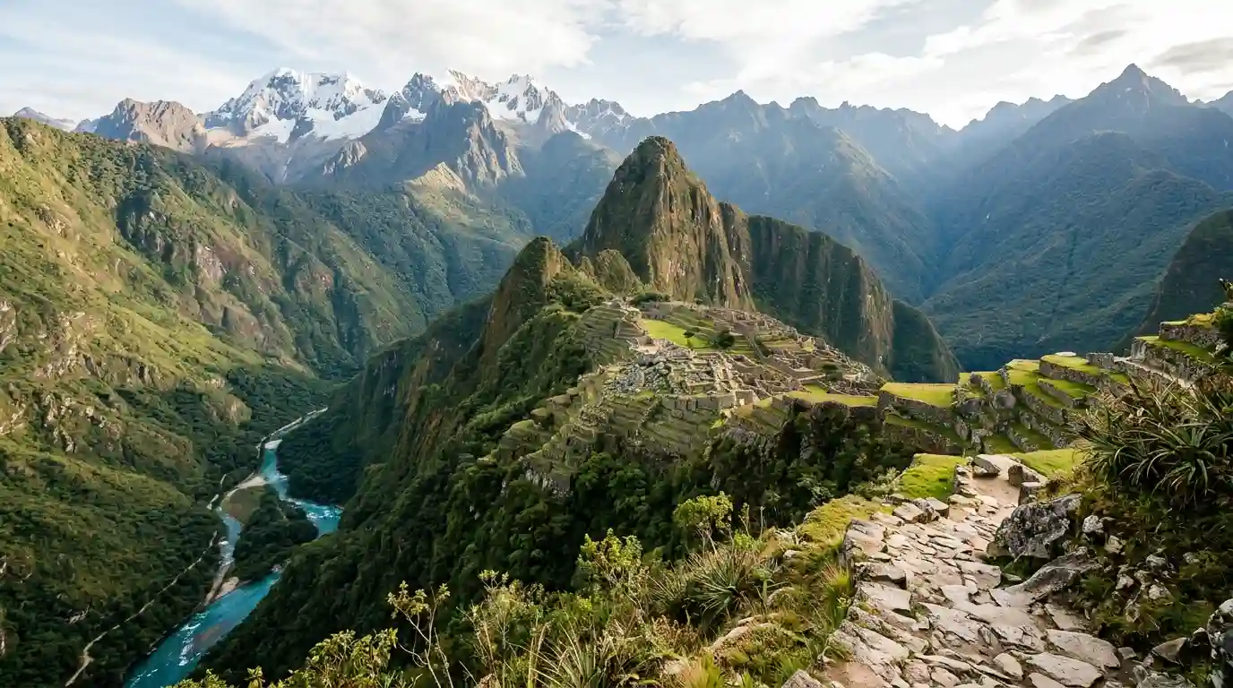 Mountain scenery, a historic stone landmark, and a turquoise lake representing natural and cultural travel destinations.