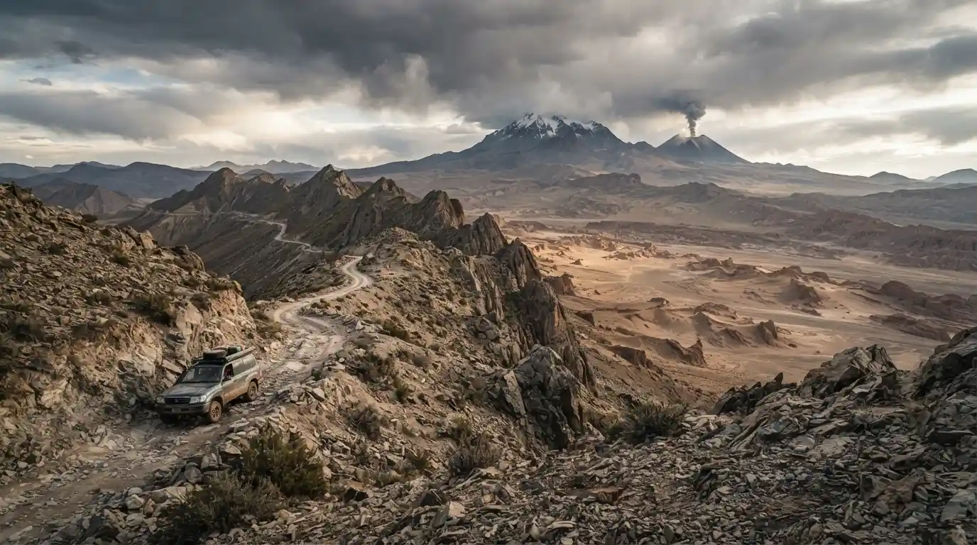 Dramatic mountain, desert, volcanic landscape, and remote road representing dangerous travel destinations