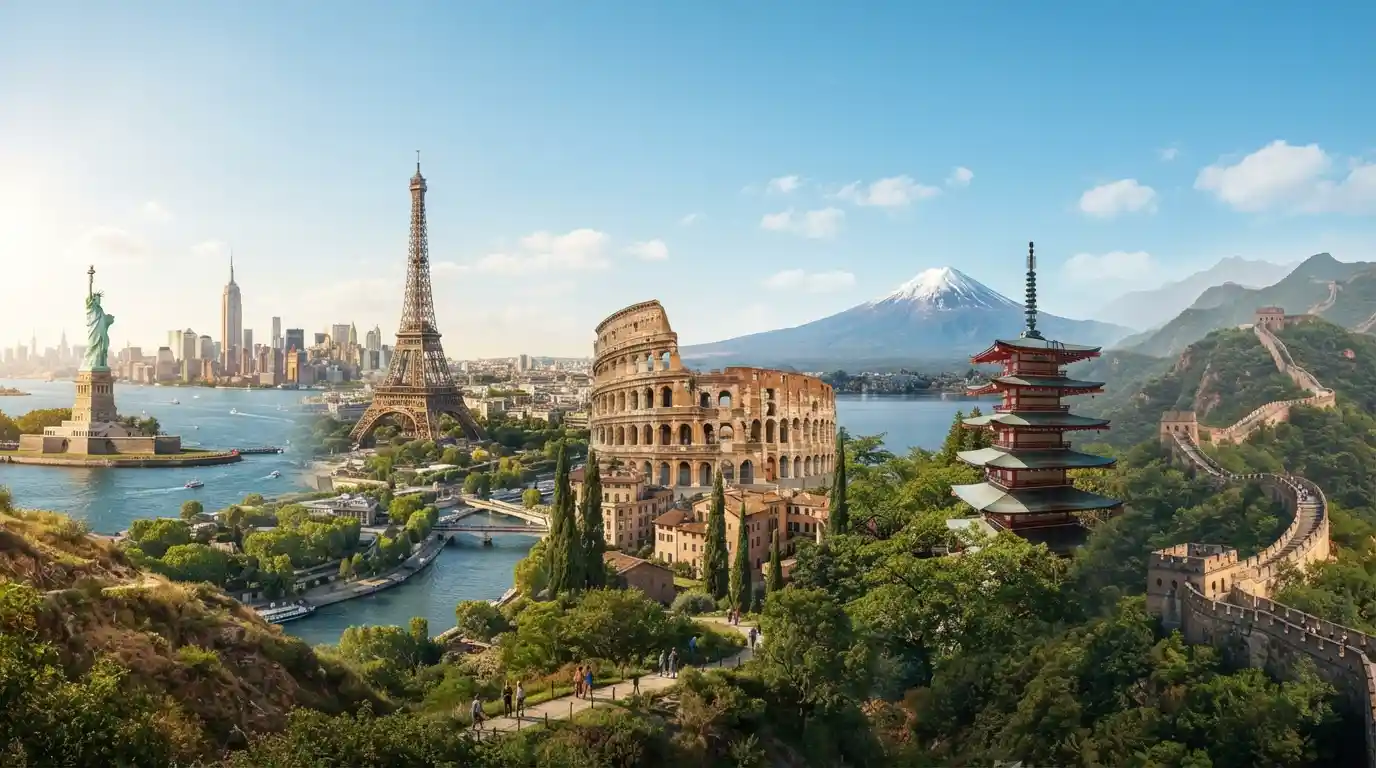 Iconic world landmarks including the Eiffel Tower, Colosseum, Statue of Liberty, Japanese pagoda, and Great Wall of China.