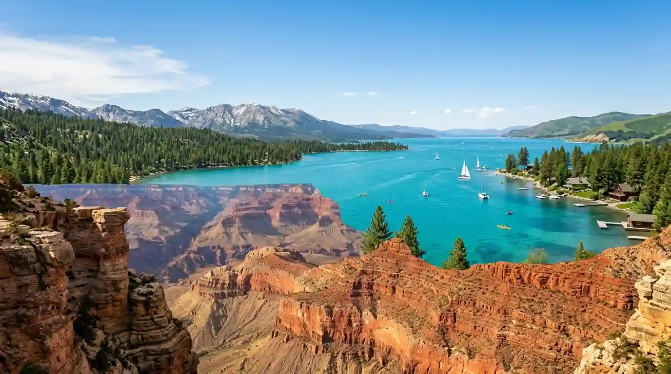 Summer travel scenery featuring the Grand Canyon and a turquoise alpine lake surrounded by mountains.
