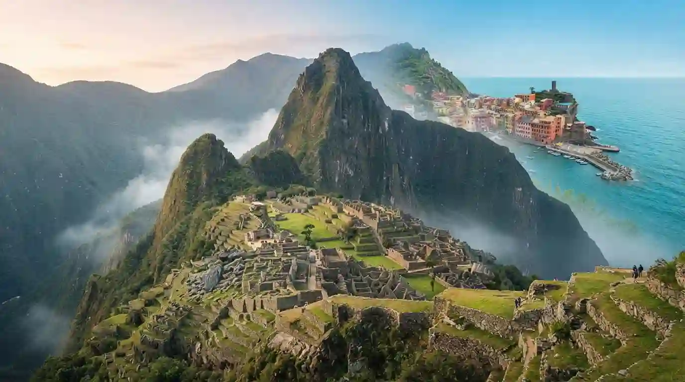 Machu Picchu surrounded by green Andes mountains and morning mist, representing unforgettable travel destinations around the world.