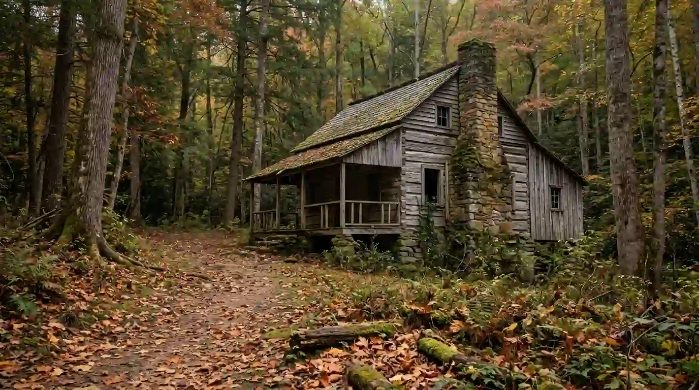 Weathered historic settlement building surrounded by dense forest in North Carolina.