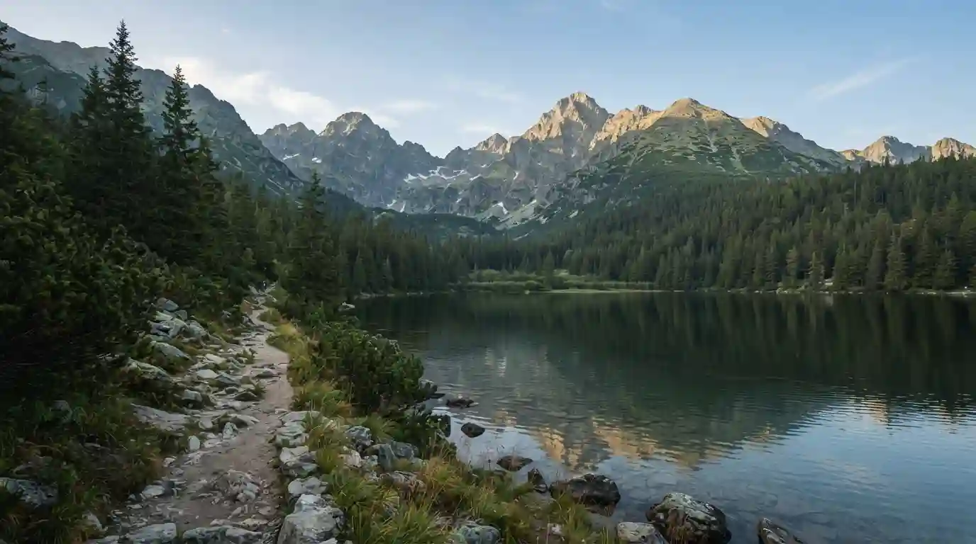 Mountain lake and forest landscape beneath the High Tatras in Slovakia