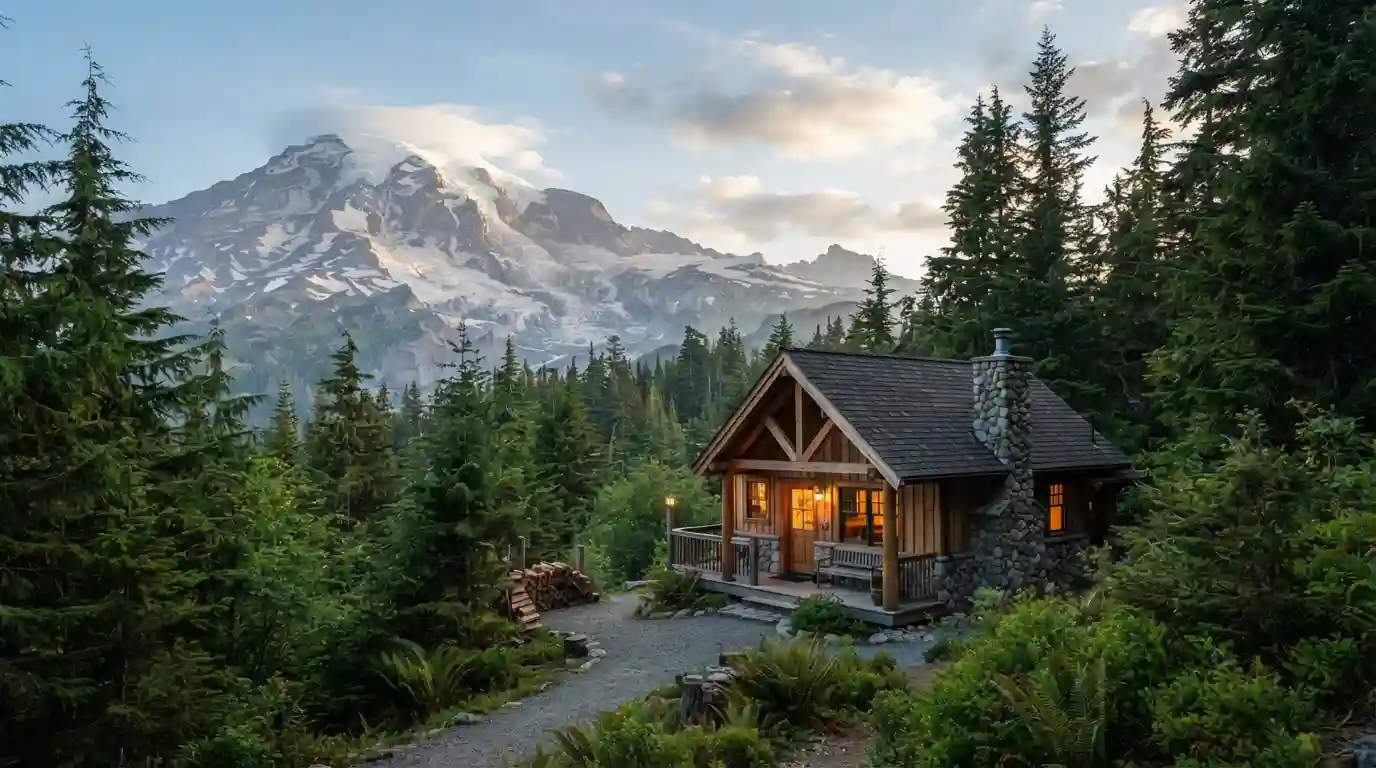 Mount Rainier rising behind a cozy forest cabin in Washington