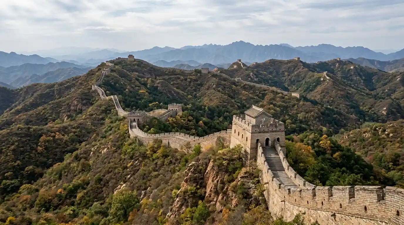The Great Wall of China winding across forested mountain ridges with traditional stone watchtowers.