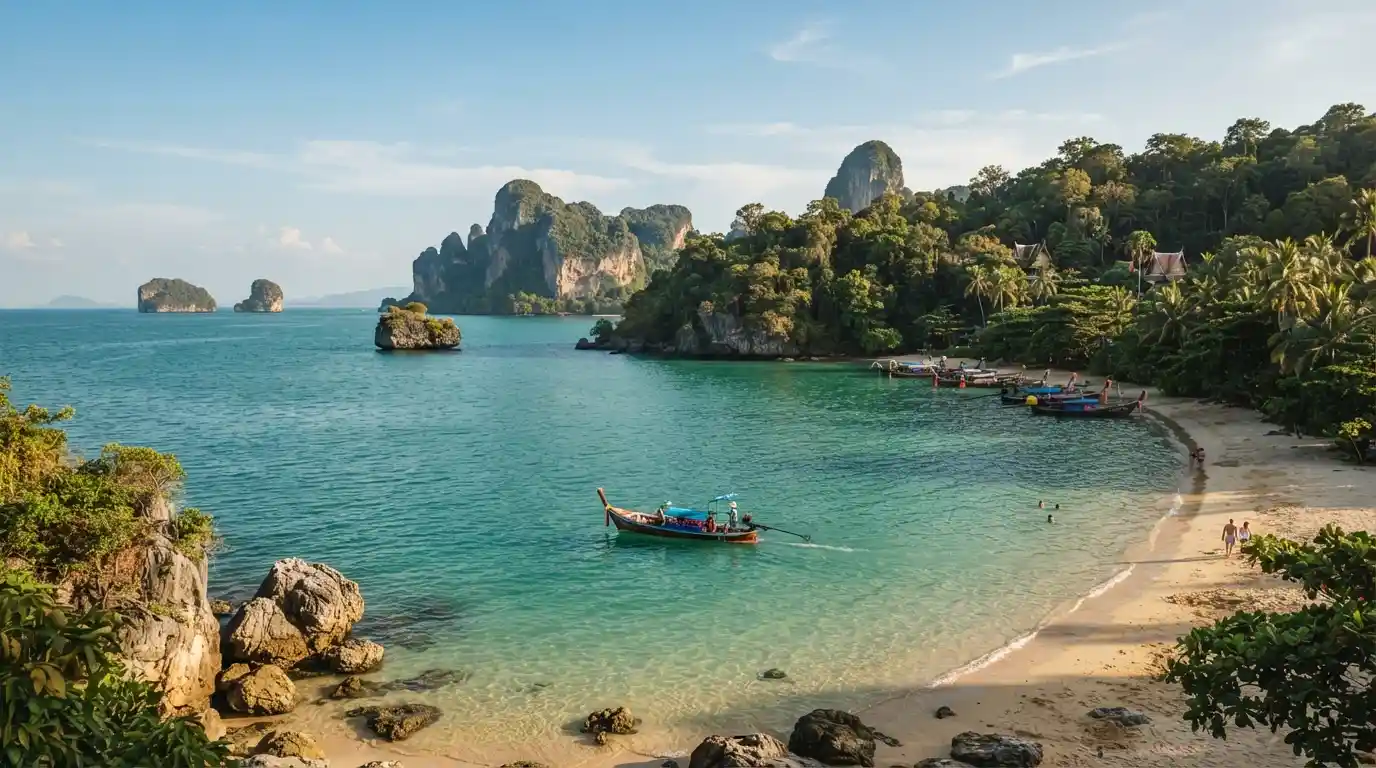 Scenic tropical Thailand coastline with turquoise water and a traditional long-tail boat