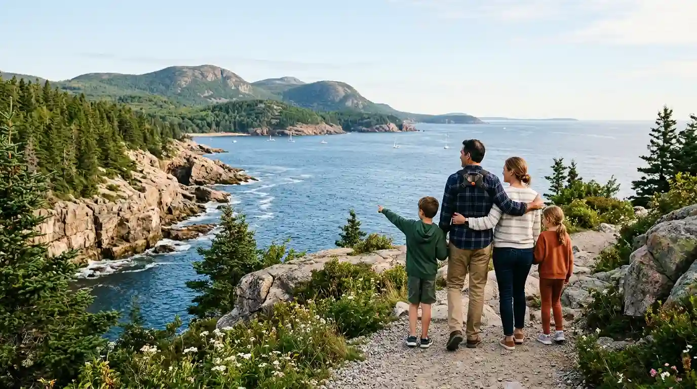 Family enjoying the coastal scenery of Acadia National Park in Maine.