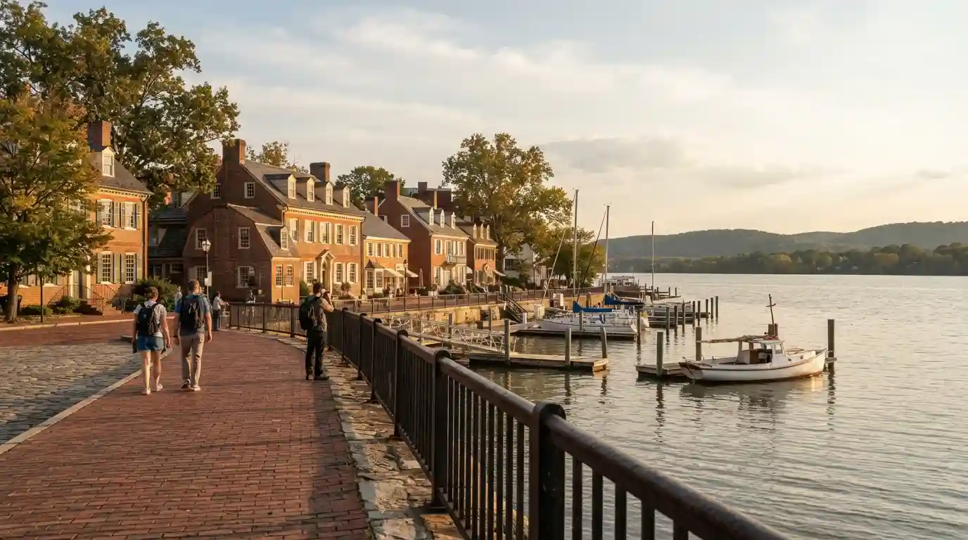 Historic waterfront destination near Washington DC with scenic architecture and travelers exploring the area