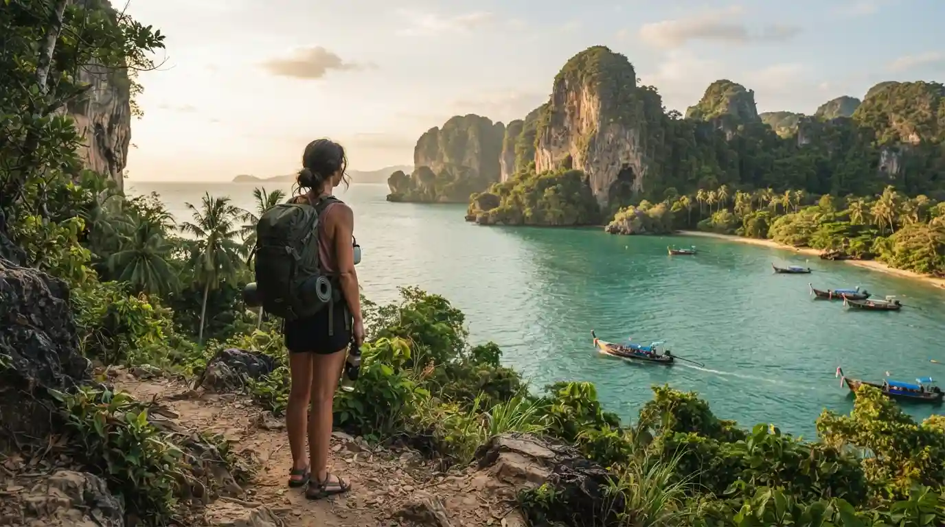 Backpacker overlooking a tropical Thai coastline with limestone cliffs and a long-tail boat