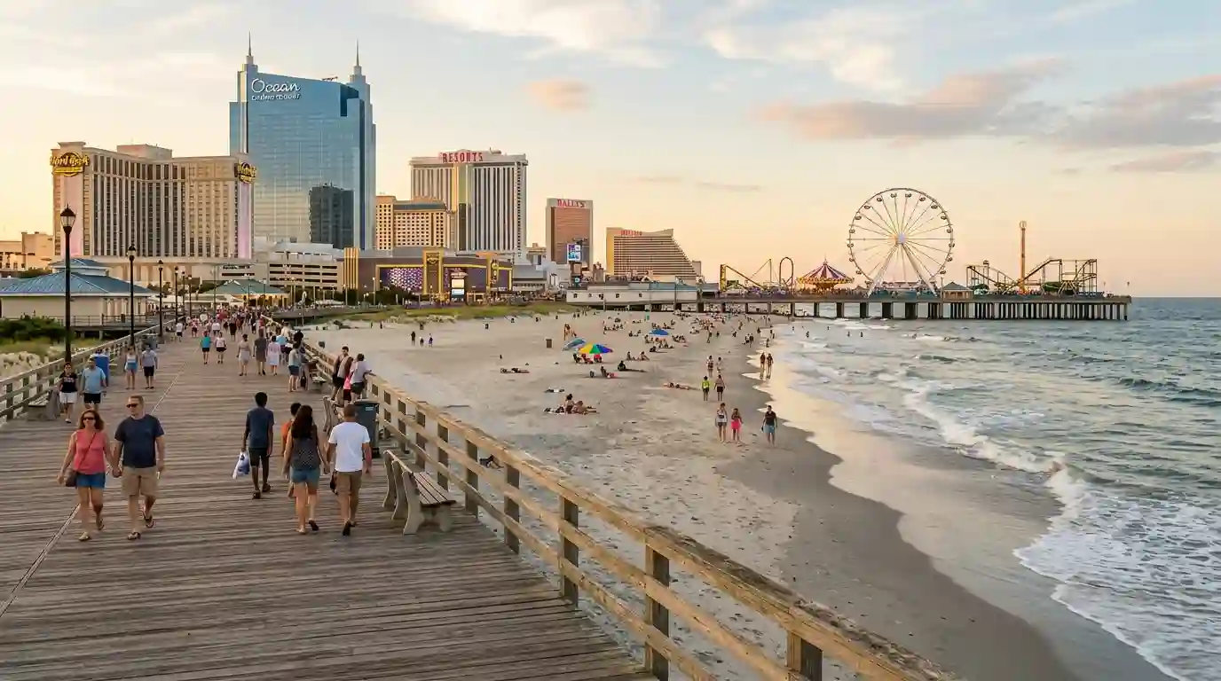 Atlantic City Boardwalk beside the sandy beach, ocean waves, and casino resort skyline.