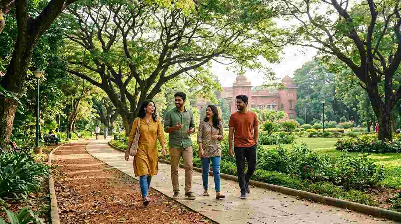 Four friends walking together along a tree-lined path in a Bengaluru park.