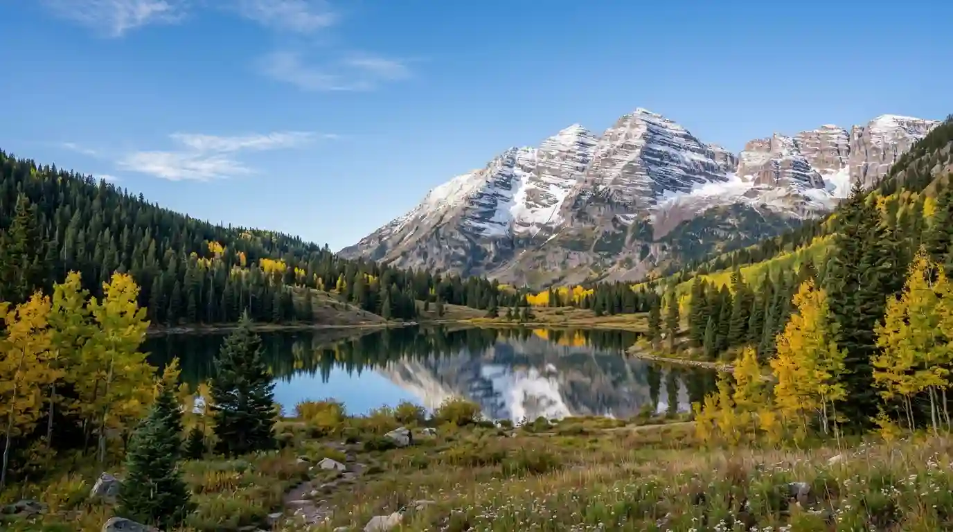 Rocky Mountain peaks, evergreen forests, and a reflective alpine lake in Colorado.