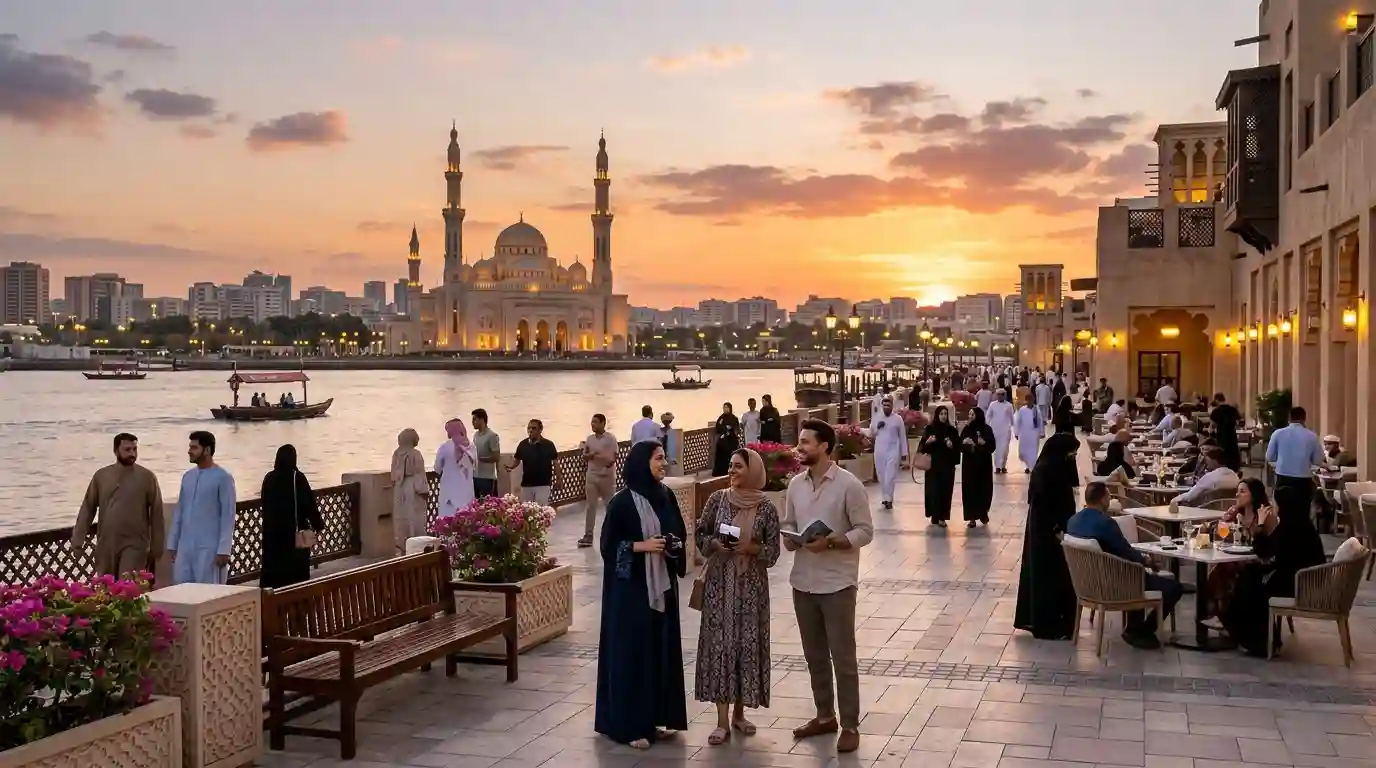Travelers enjoying a scenic Middle Eastern cityscape with mosque architecture at sunset.