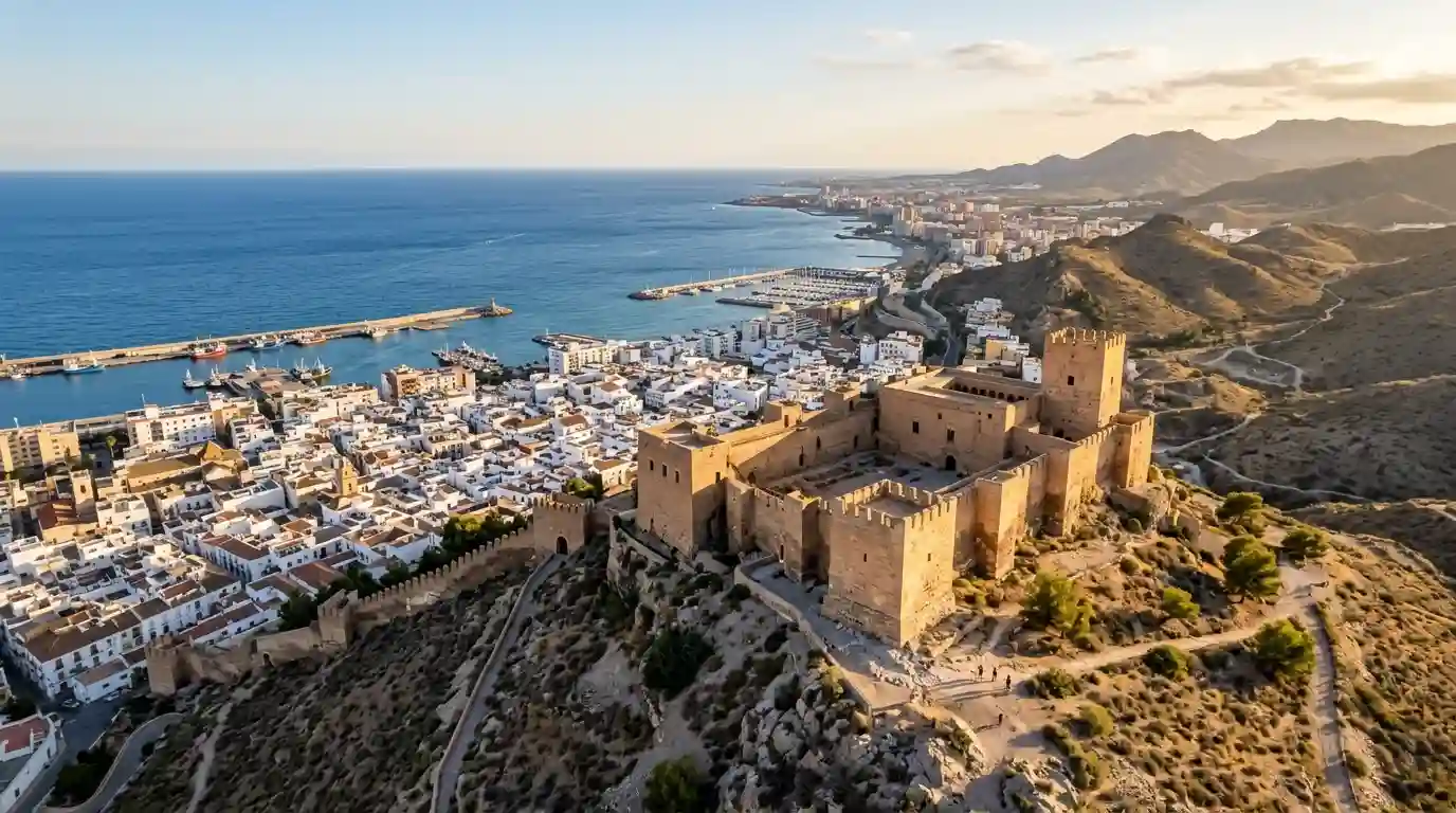 The Alcazaba fortress overlooking Almeria's whitewashed buildings and Mediterranean coastline.