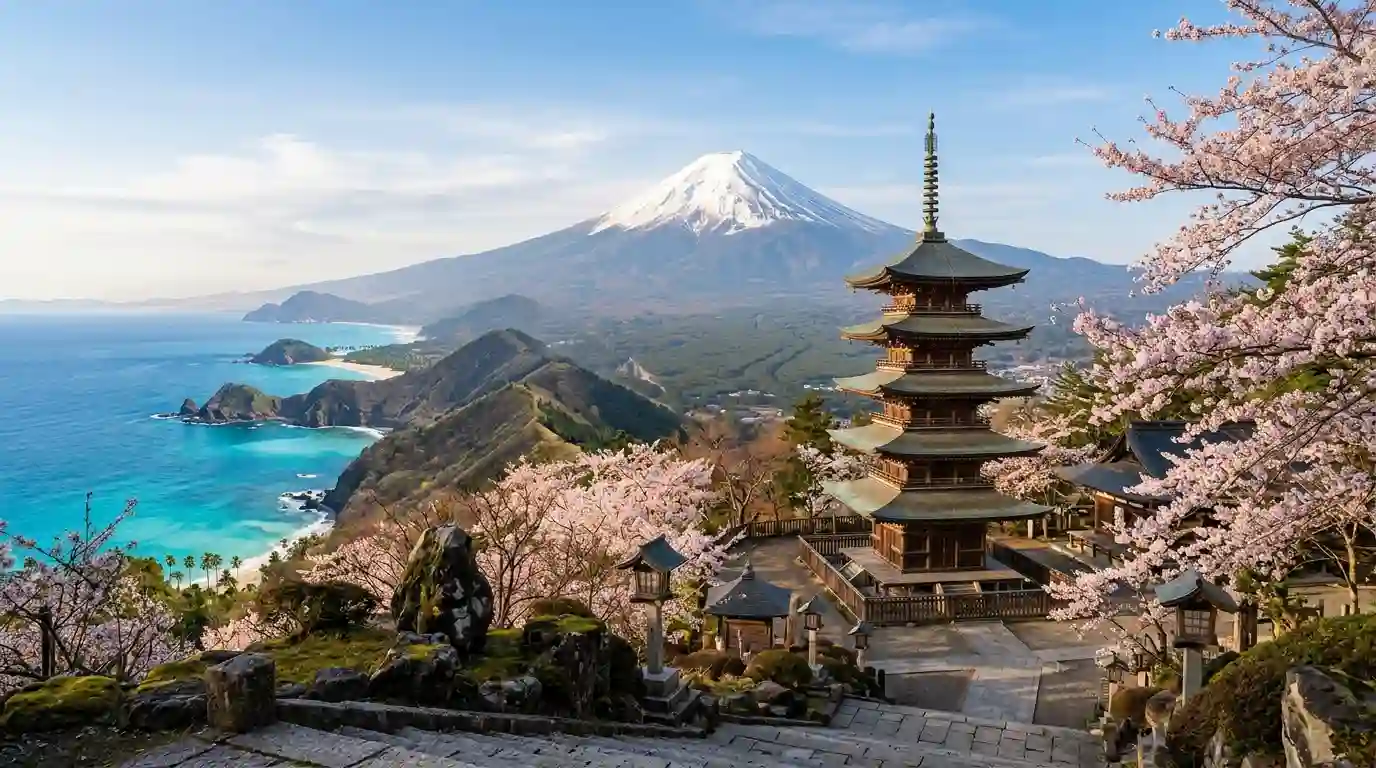Traditional Japanese pagoda with Mount Fuji in the background, representing Asia's cultural and scenic travel destinations.
