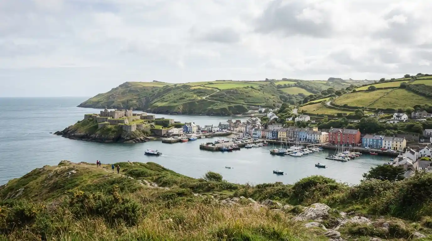 Scenic County Cork coastline with green hills, harbor town, and historic stone architecture