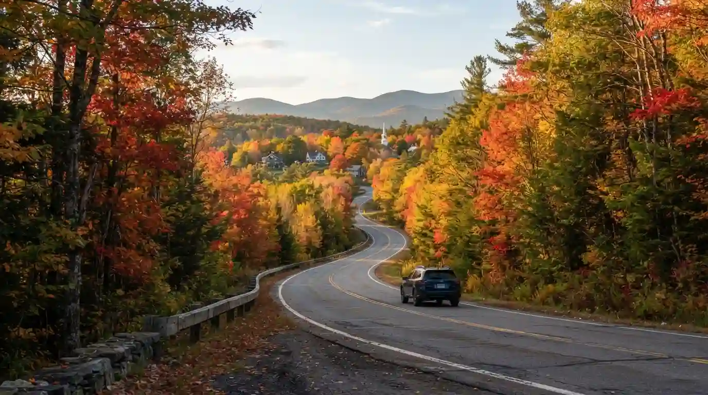 Colorful autumn trees lining a scenic mountain road in New England, USA.