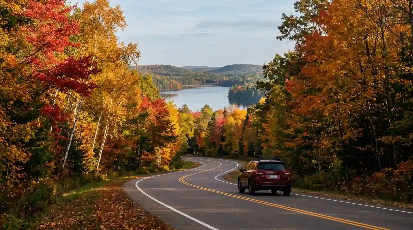 Wisconsin autumn landscape with colorful maple trees, a scenic road, and a peaceful lake surrounded by fall foliage.
