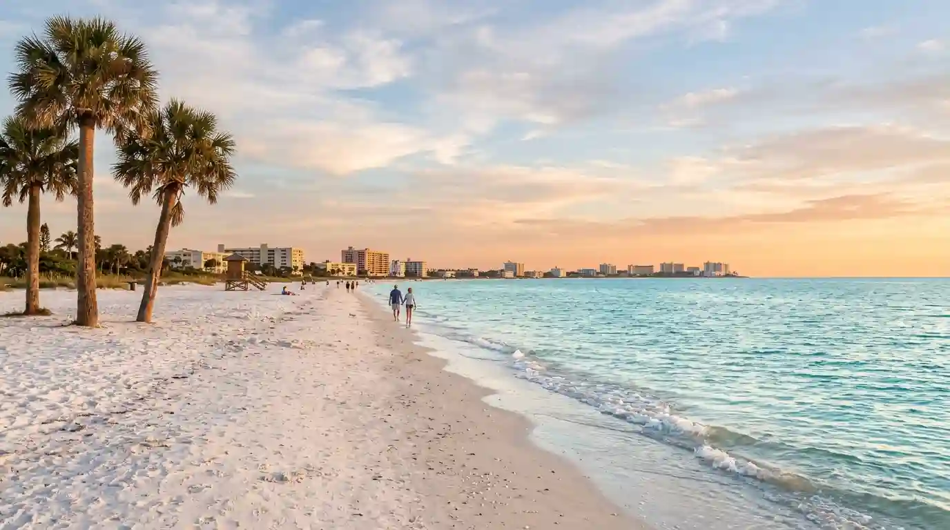 White-sand Florida beach with turquoise Gulf waters and palm trees under a sunny sky.