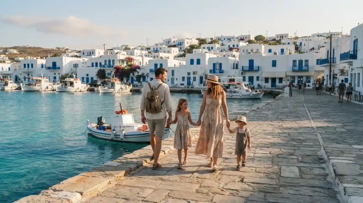 Family exploring a scenic Greek coastal destination with children