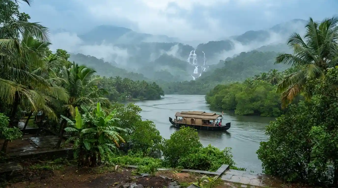 Misty Kerala landscape with lush green hills, a waterfall, backwaters, and a houseboat during monsoon