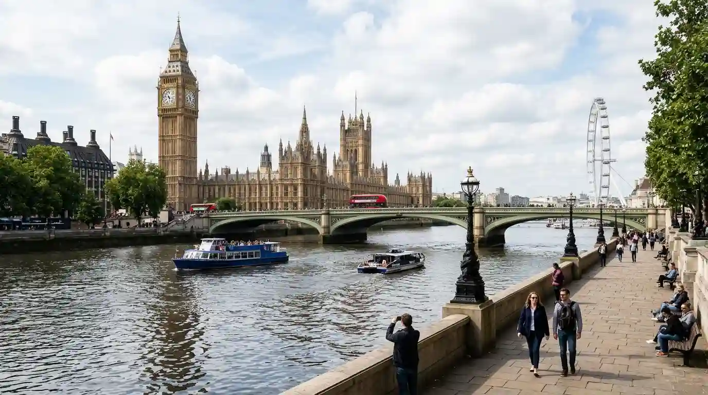 Big Ben and the Houses of Parliament overlooking the River Thames in London.