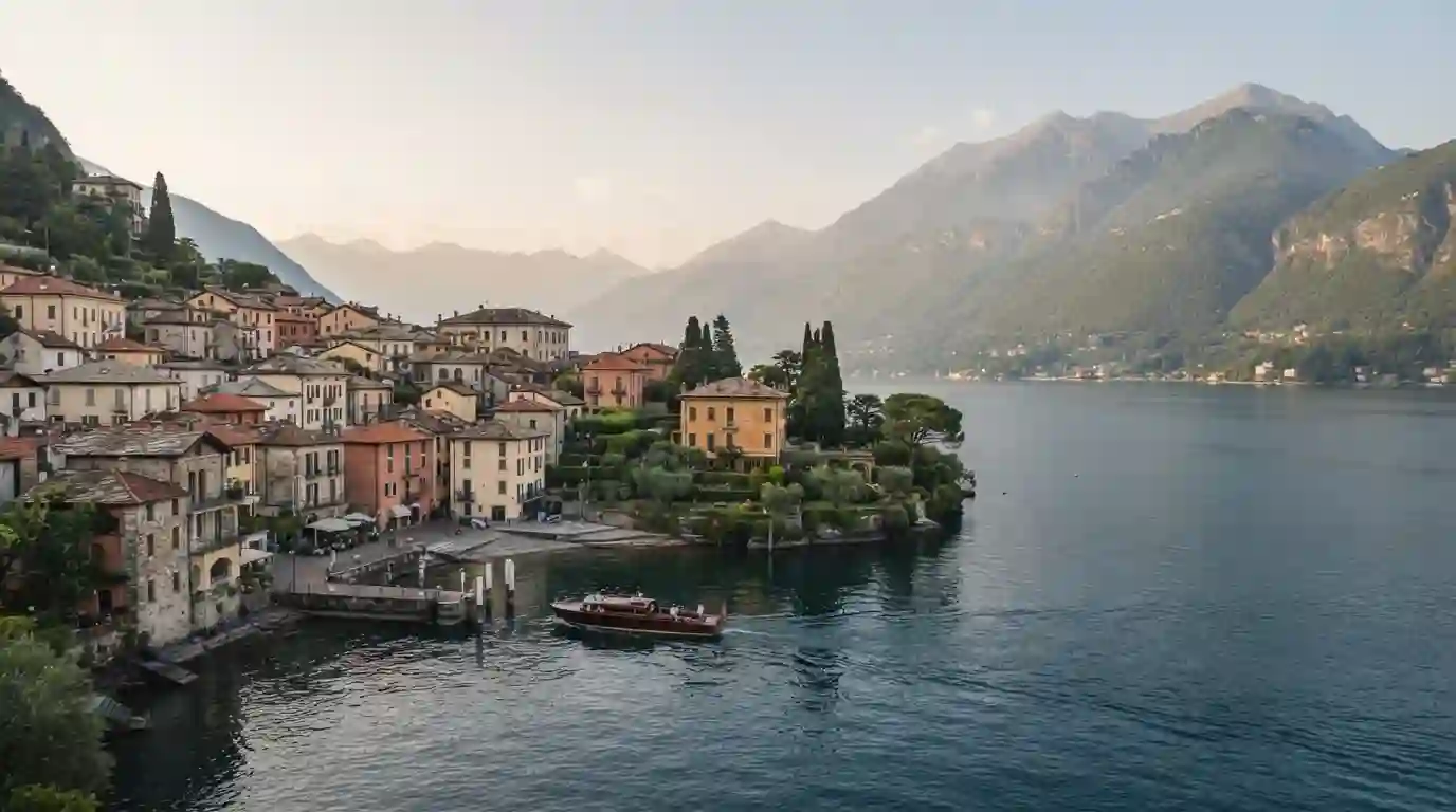 Colorful Lake Como village with Italian waterfront buildings, blue lake water, and Alpine mountains in the background.
