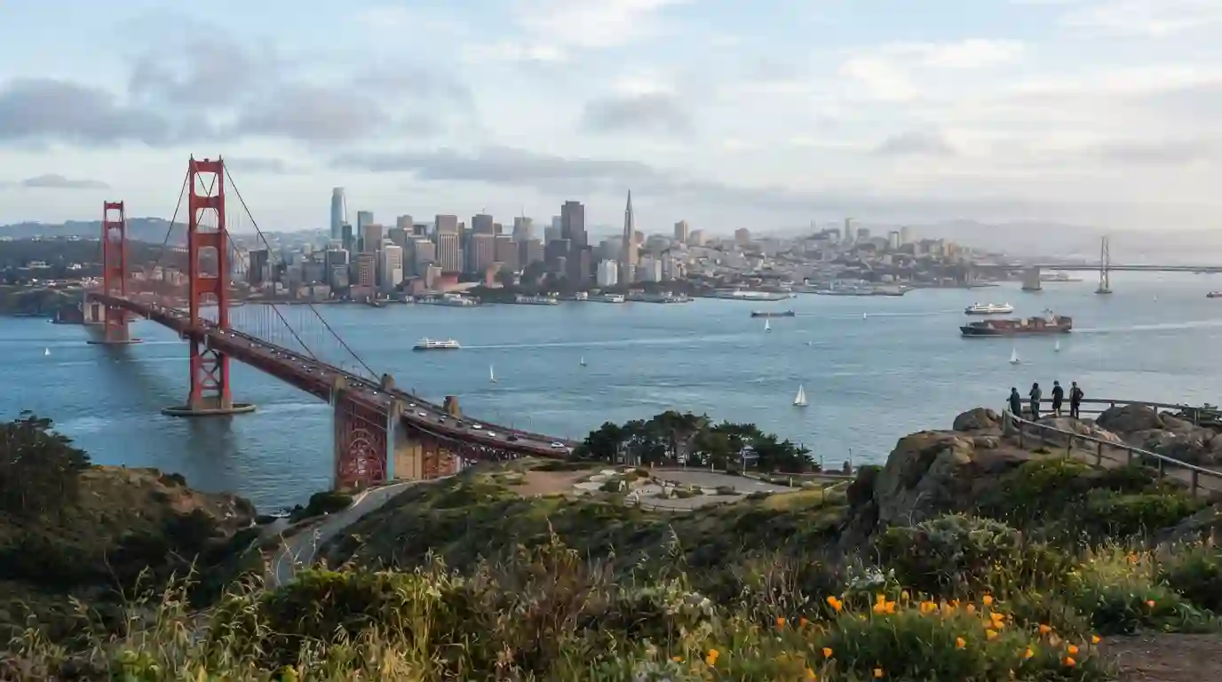 Golden Gate Bridge overlooking San Francisco Bay and the city skyline