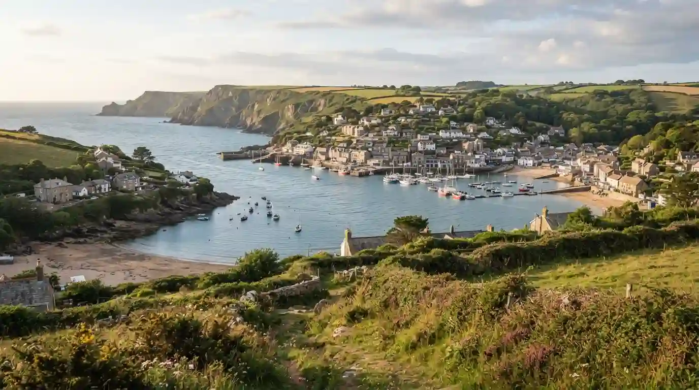 South Devon coastline with a seaside town, harbor, cliffs, and green countryside