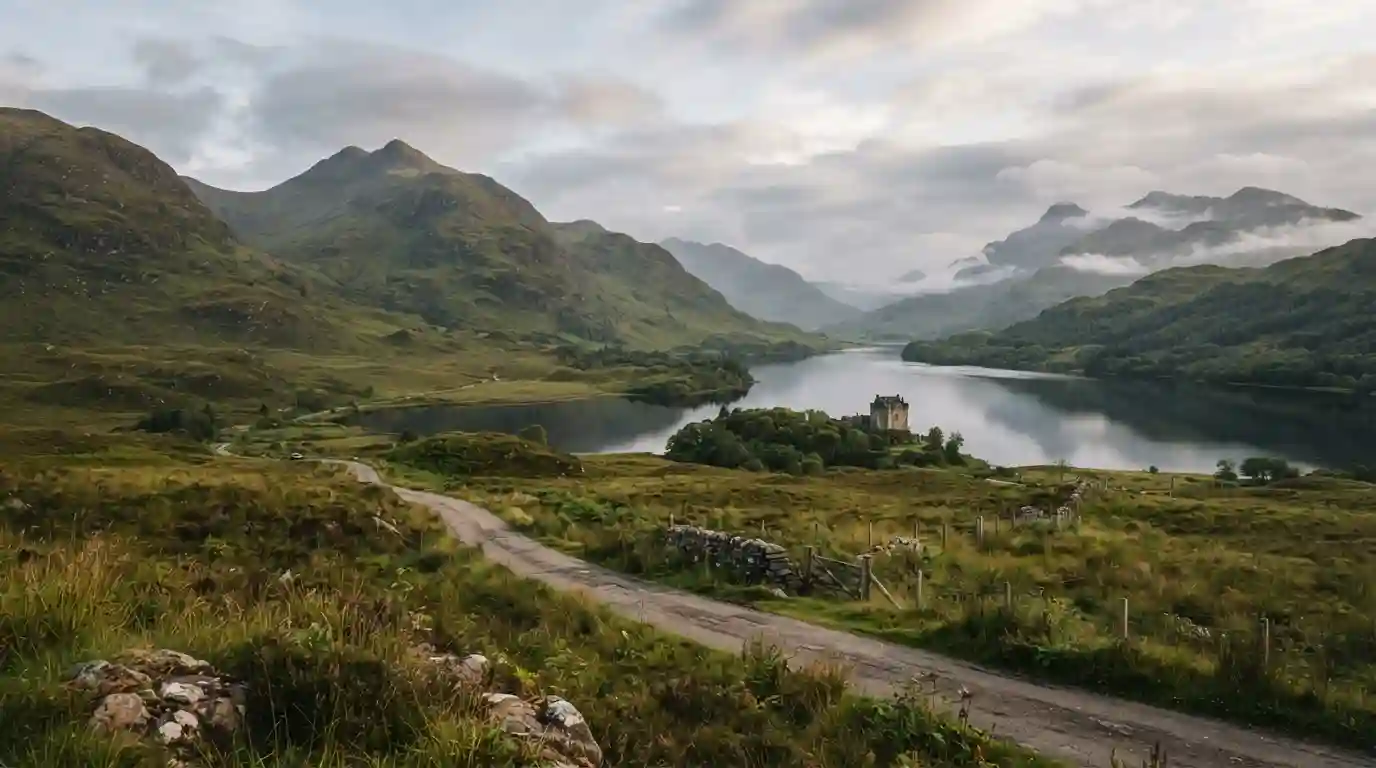 Mountain landscape, loch, winding road, and historic stone castle in the Scottish Highlands