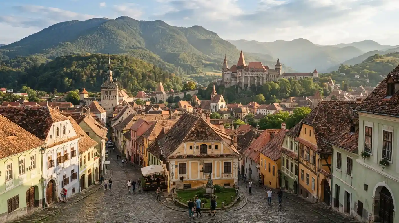 Medieval Transylvanian town with a hilltop castle and Carpathian Mountains in the background