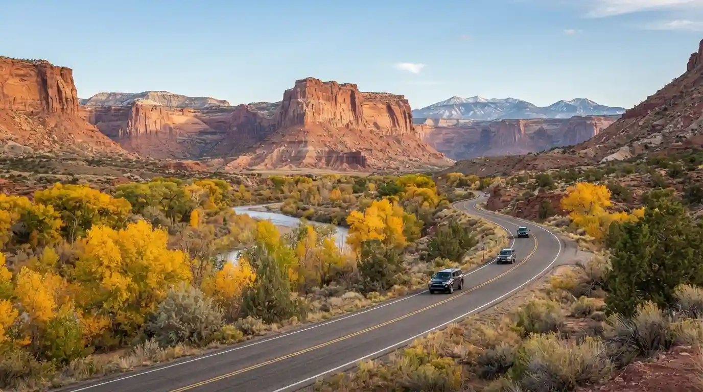 Utah red-rock canyon landscape with golden fall foliage along a scenic road