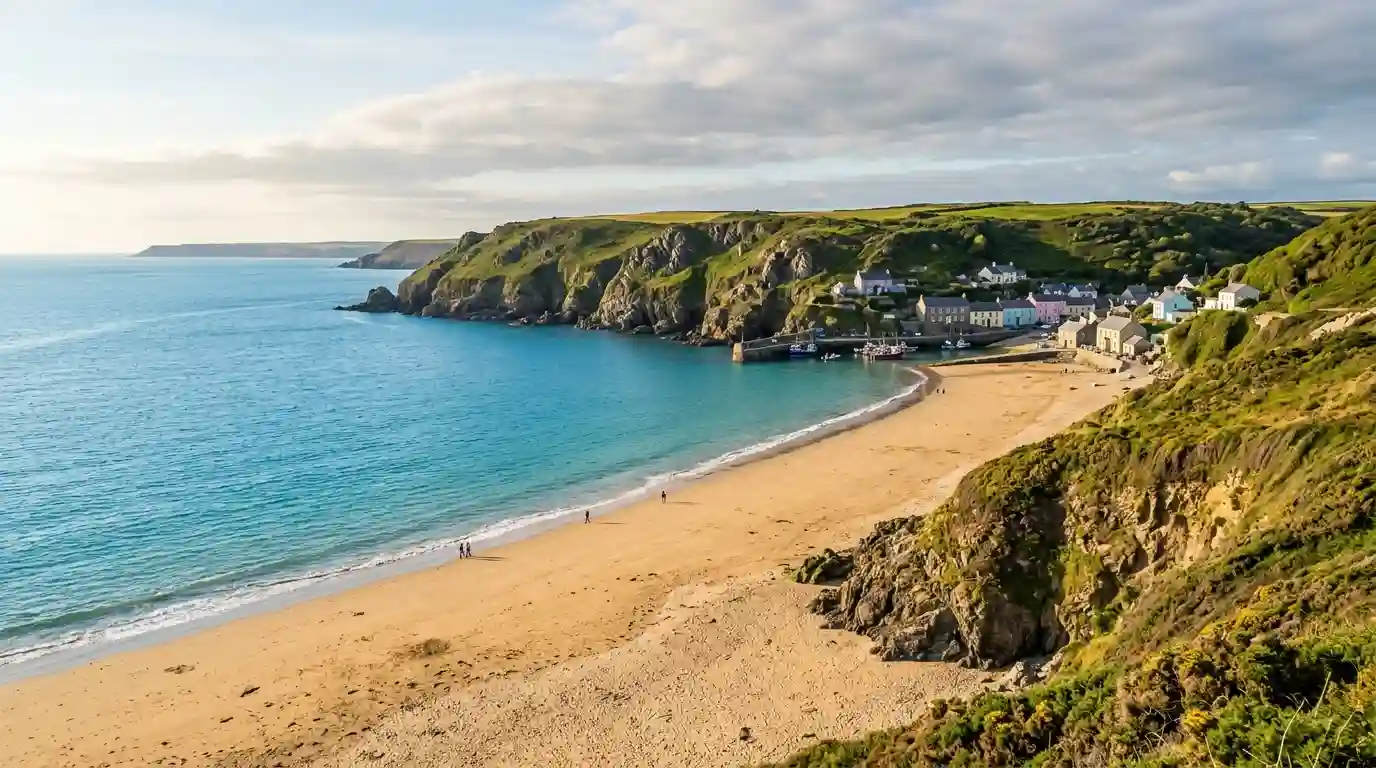 Golden sandy beach, blue coastal waters and green cliffs along the West Wales coastline.