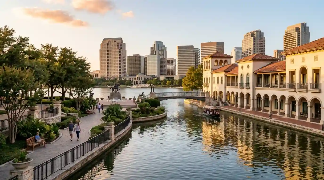 Waterfront scenery along Lake Carolyn in the Las Colinas area of Irving, Texas.