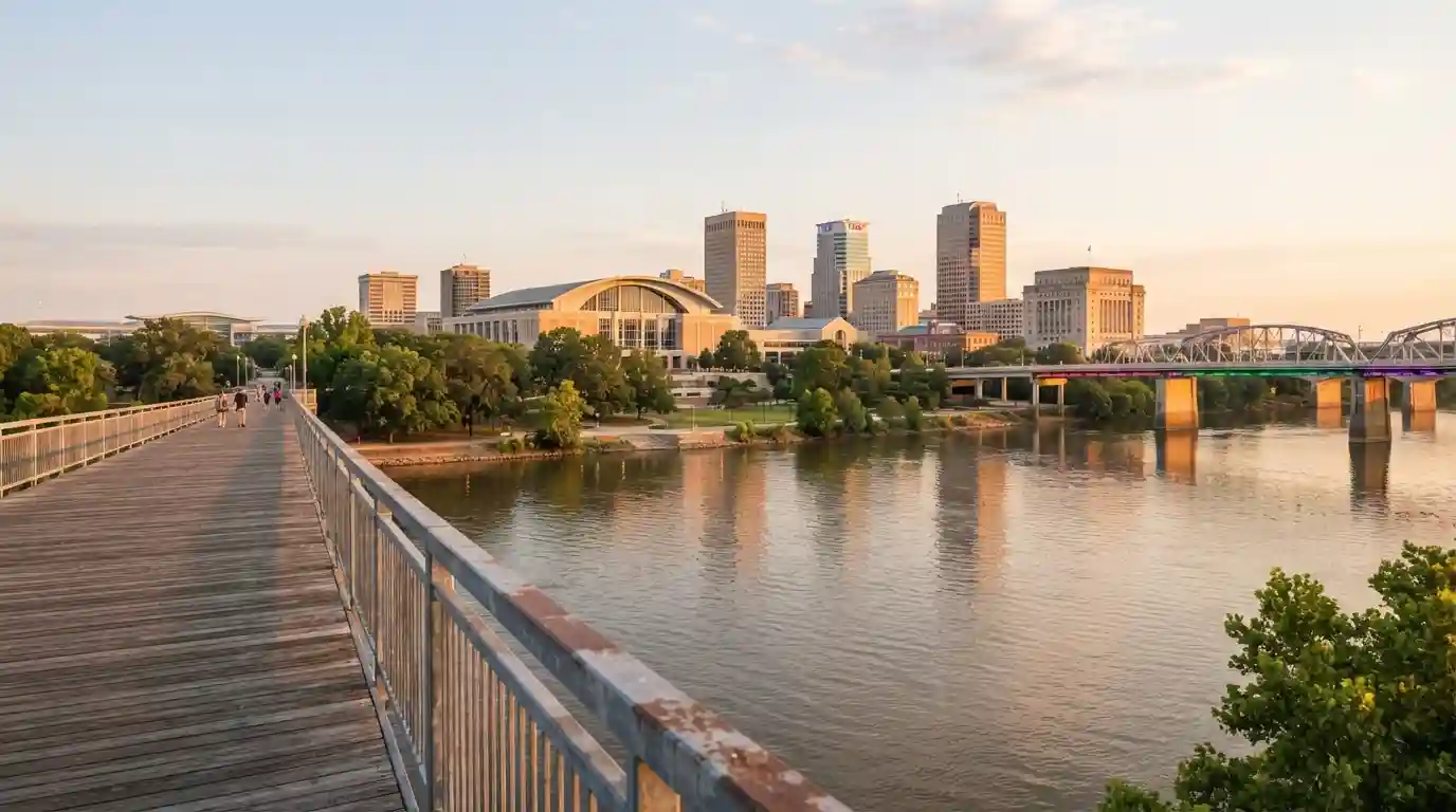 Little Rock Arkansas riverfront and downtown skyline at golden hour