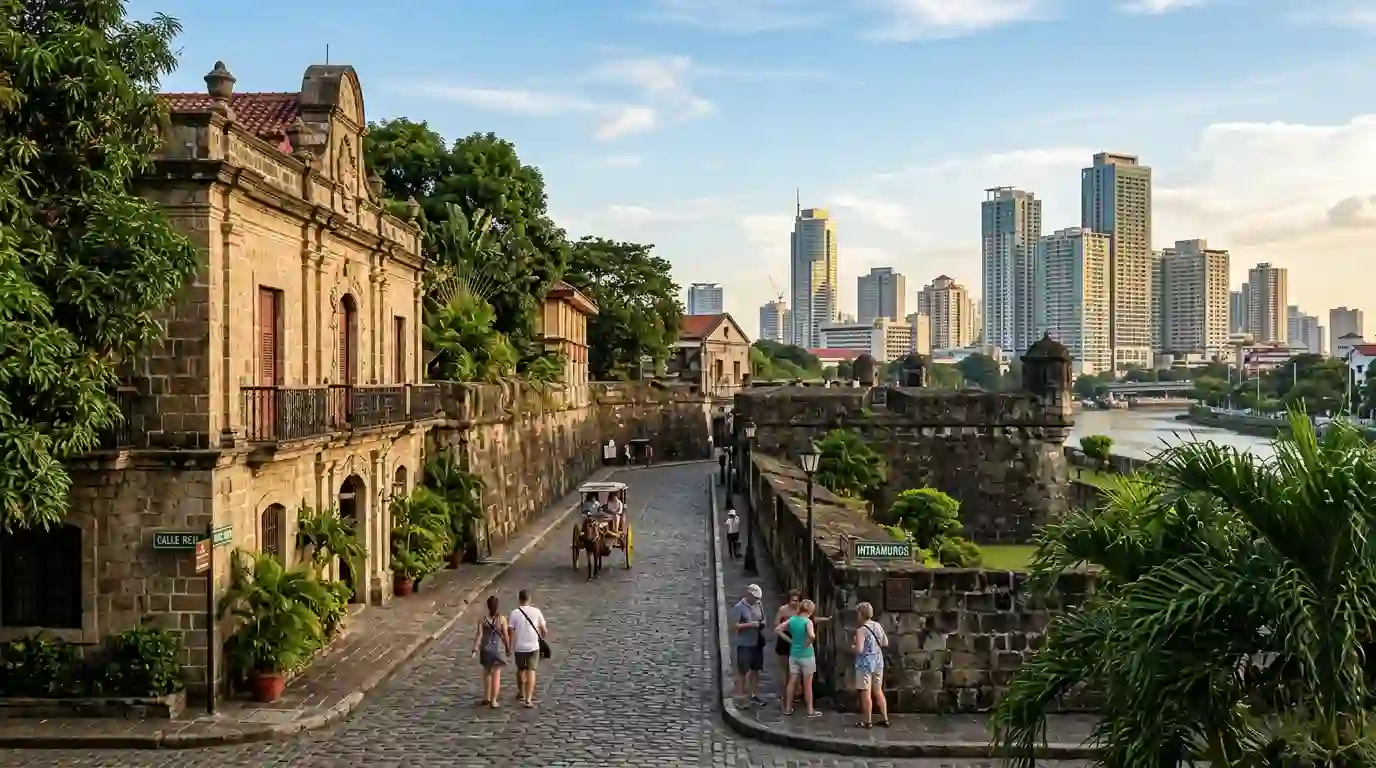 Historic stone architecture and tropical greenery along a street in Intramuros, Manila.