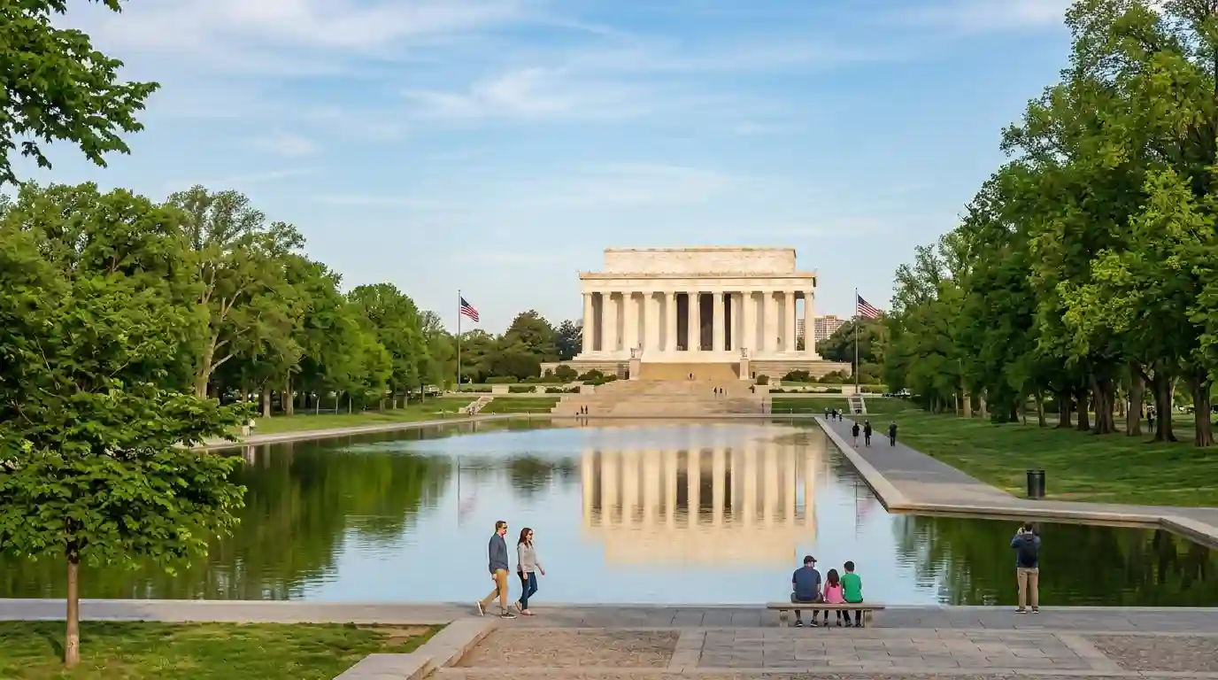 Washington, D.C., memorial and reflecting pool surrounded by spring greenery and visitors.
