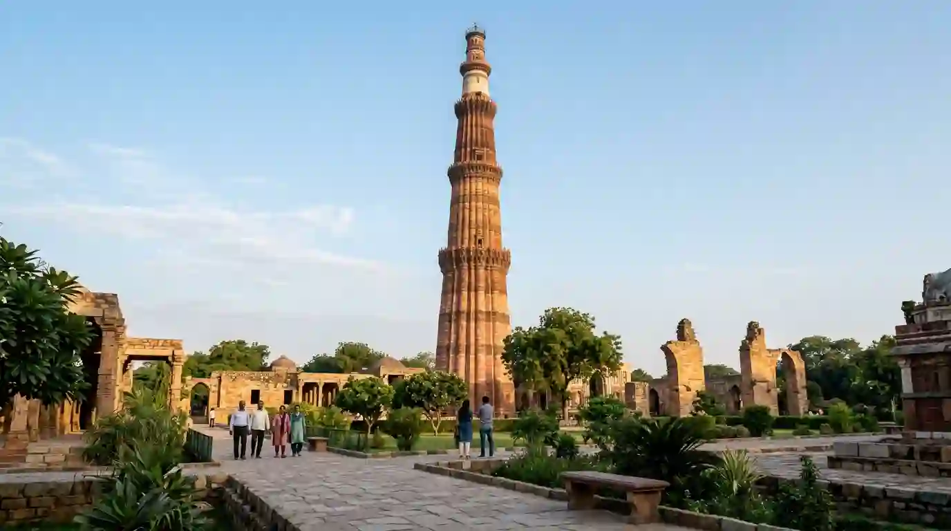 Qutub Minar's red sandstone tower rising above the historic monument complex in Delhi.
