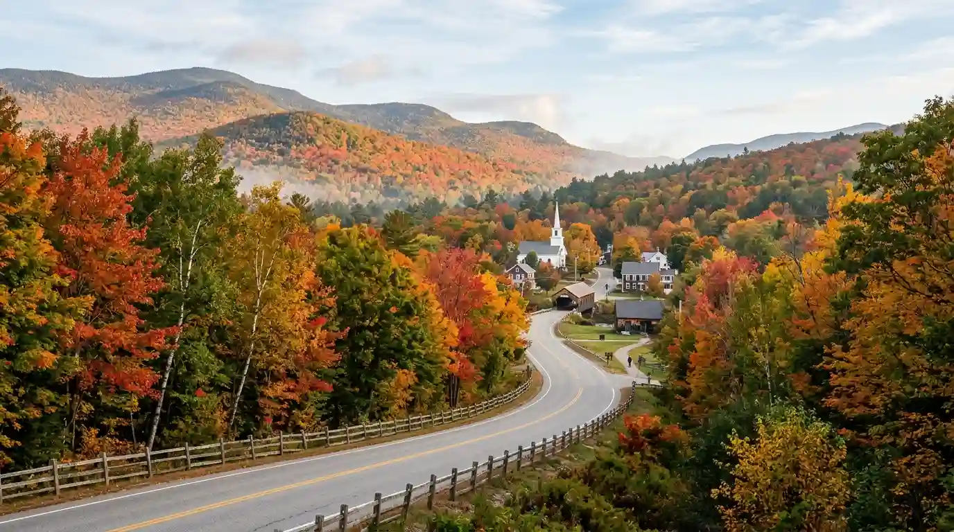A winding road through colorful autumn trees in New England with forested hills in the distance.